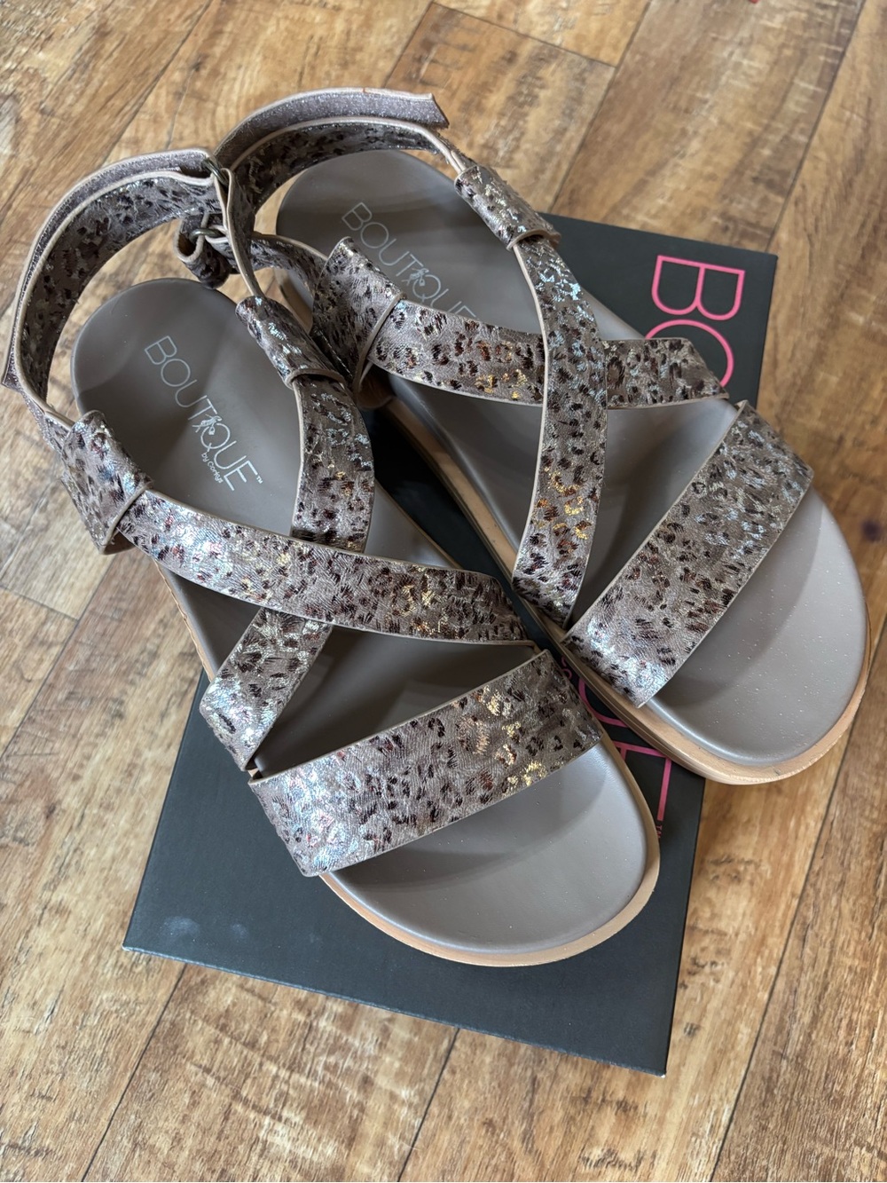 Corkys Metallic Taupe Leopard-Print Cross-Strap Sandal